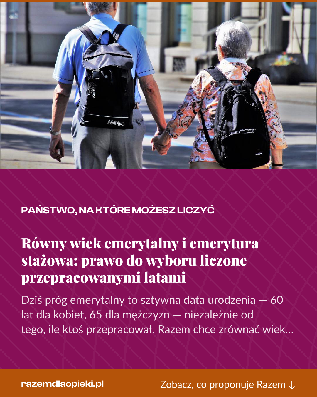 Grafika pionowa do udostępnienia: Równy wiek emerytalny i emerytura stażowa: prawo do wyboru liczone przepracowanymi latami