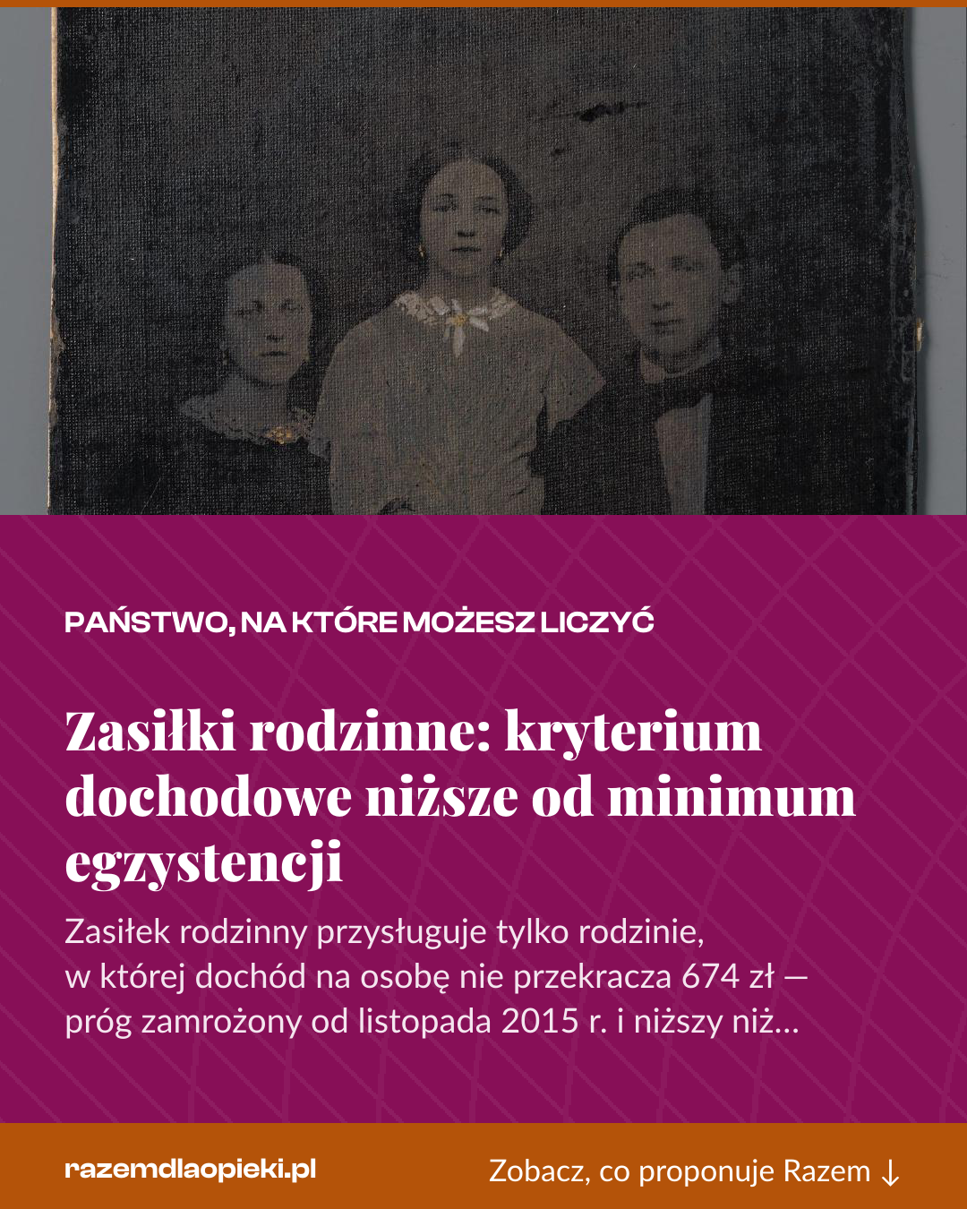 Grafika pionowa do udostępnienia: Zasiłki rodzinne: kryterium dochodowe niższe od minimum egzystencji