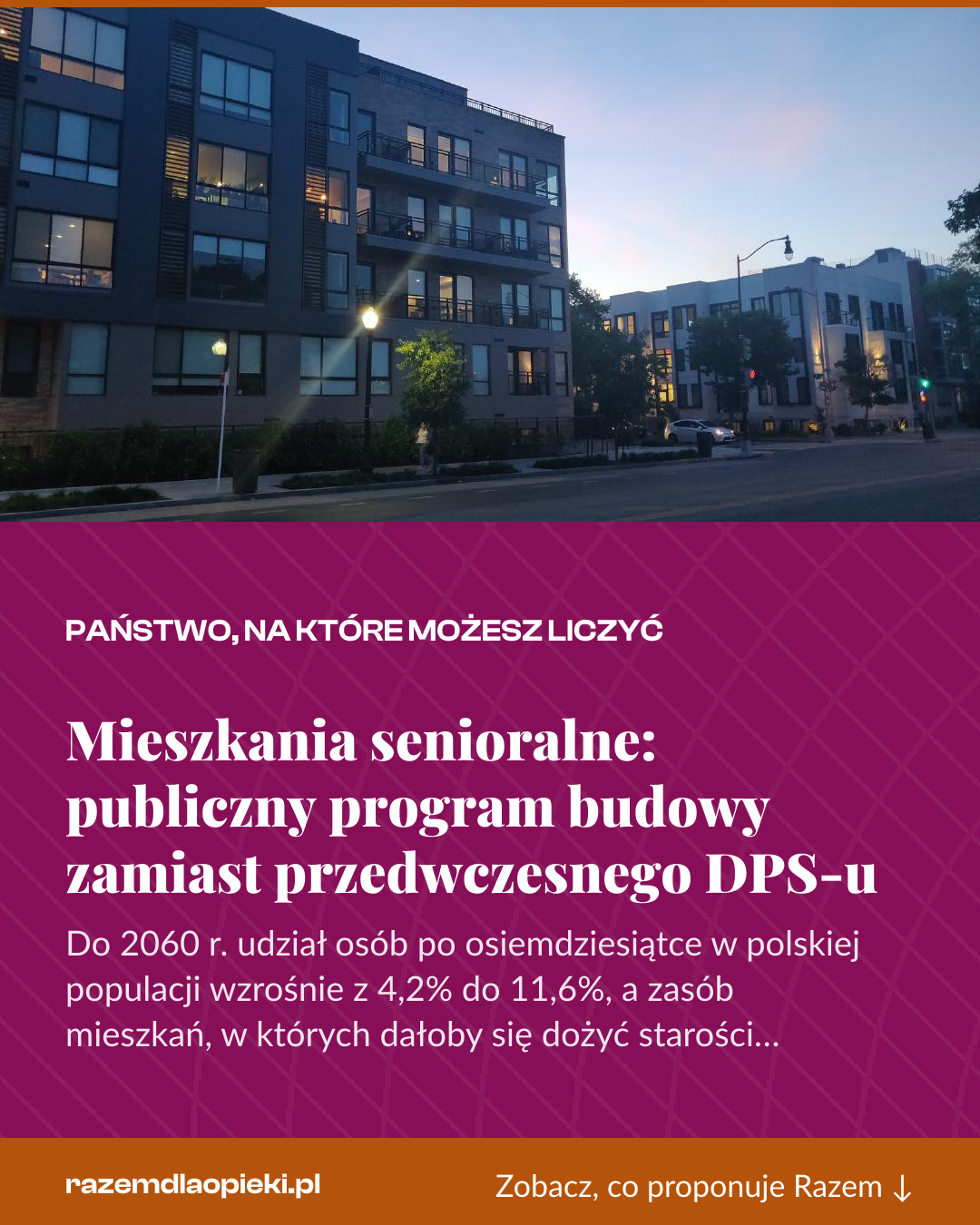 Grafika pionowa do udostępnienia: Mieszkania senioralne: publiczny program budowy zamiast przedwczesnego DPS-u