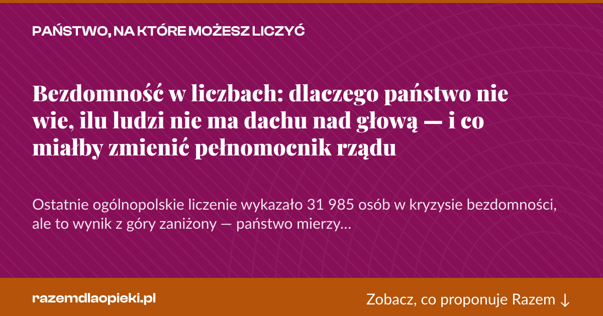 Karta social do udostępnienia: Bezdomność w liczbach: dlaczego państwo nie wie, ilu ludzi nie ma dachu nad głową — i co miałby zmienić pełnomocnik rządu