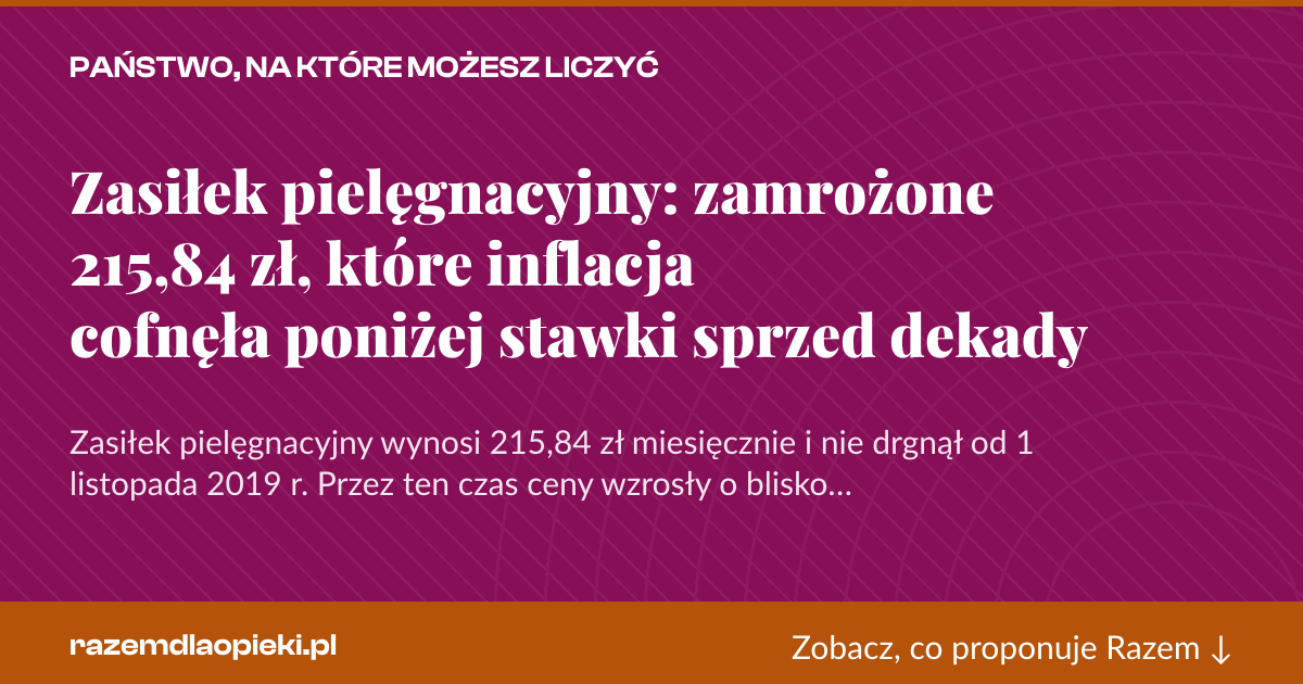 Karta social do udostępnienia: Zasiłek pielęgnacyjny: zamrożone 215,84 zł, które inflacja cofnęła poniżej stawki sprzed dekady