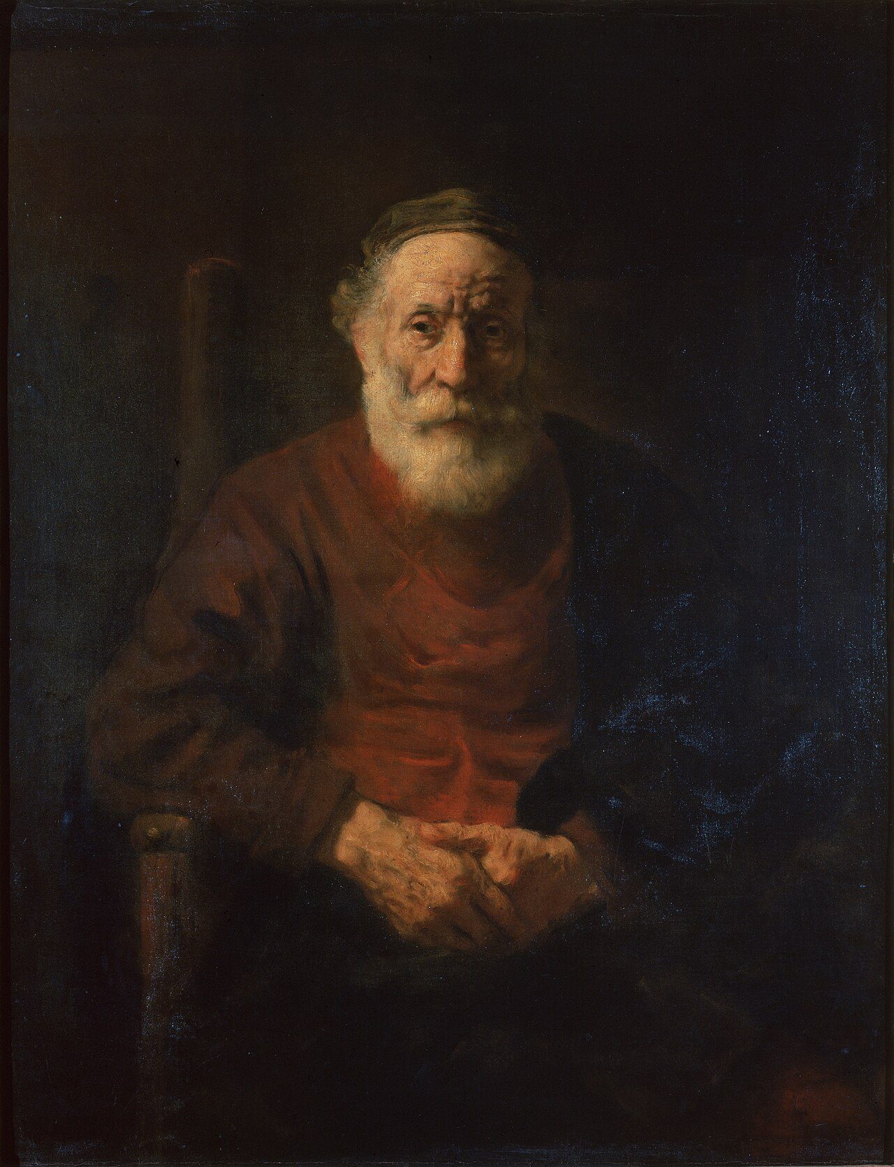 Rembrandt, „Portret starca w czerwieni" — twarz starszego mężczyzny w zamyśleniu, malowana ciepłym, godnym światłem.