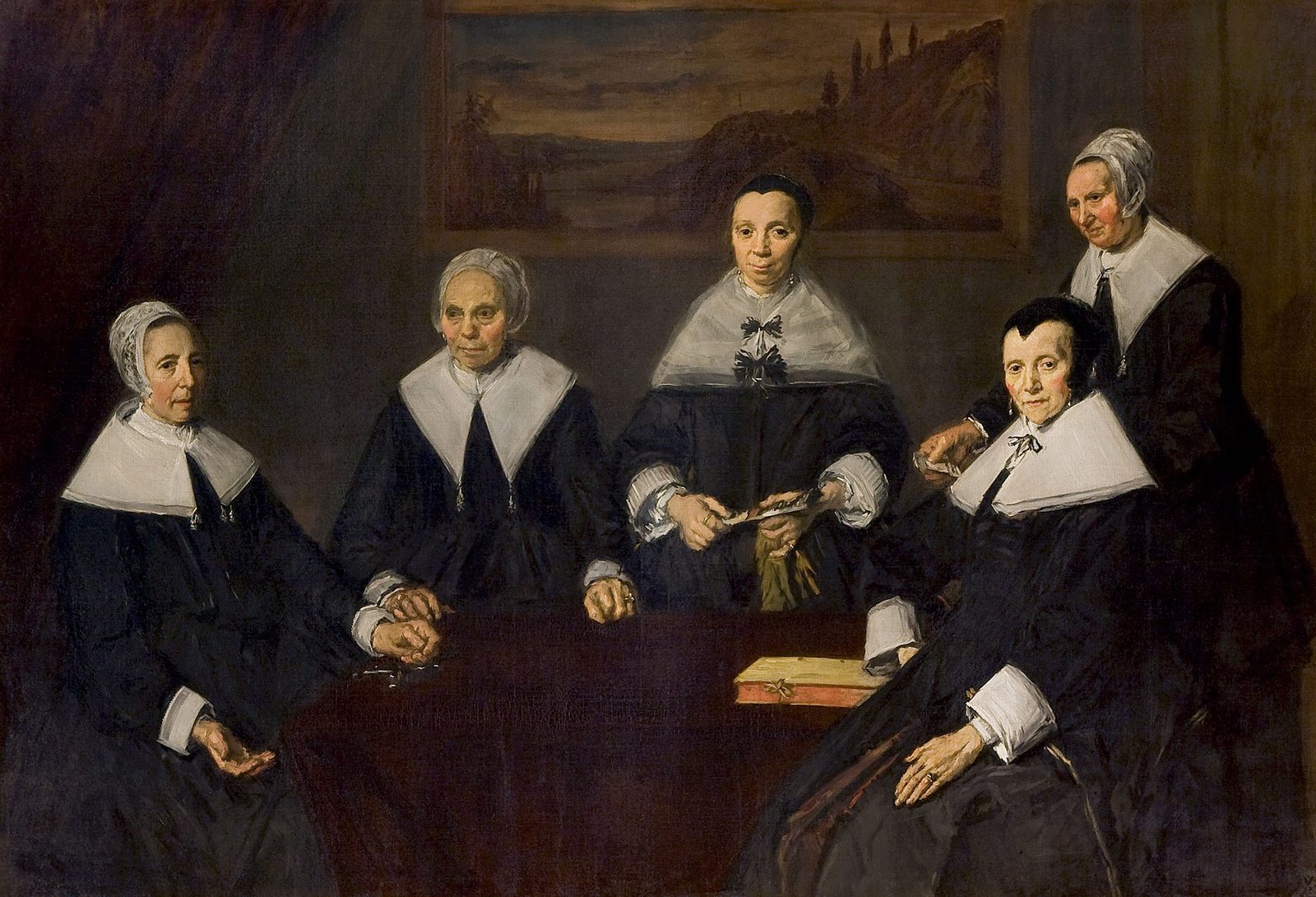 Frans Hals, „Regentki przytułku dla starców" (1664) — grupa kobiet zarządzających instytucją opieki, malowana surowym, poważnym światłem.